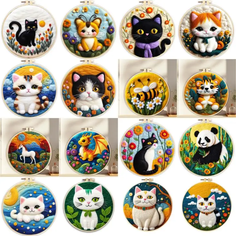 

GATYZTORY Needle Felting Painting With Frame Kit Cat Animal Set Includes Wool Bag Felting Needle Foam Pad Felt Cloth Handicraft