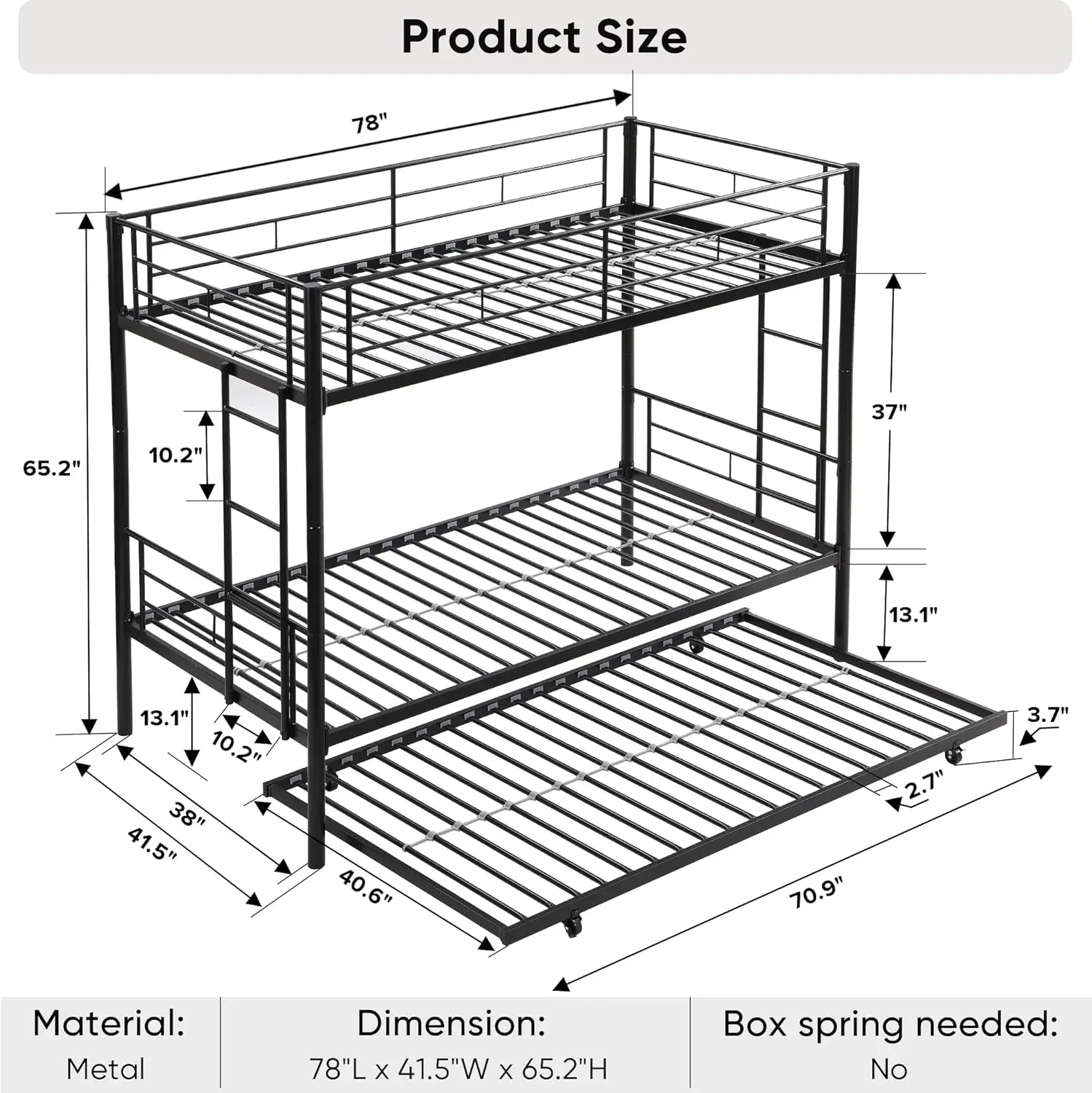 Over Twin Bunk Bed dengan Trundle, dua sisi tangga & penjaga rel, tidak ada kotak pegas diperlukan, bingkai Metal Bunkbed, Ranjang Susun kembar