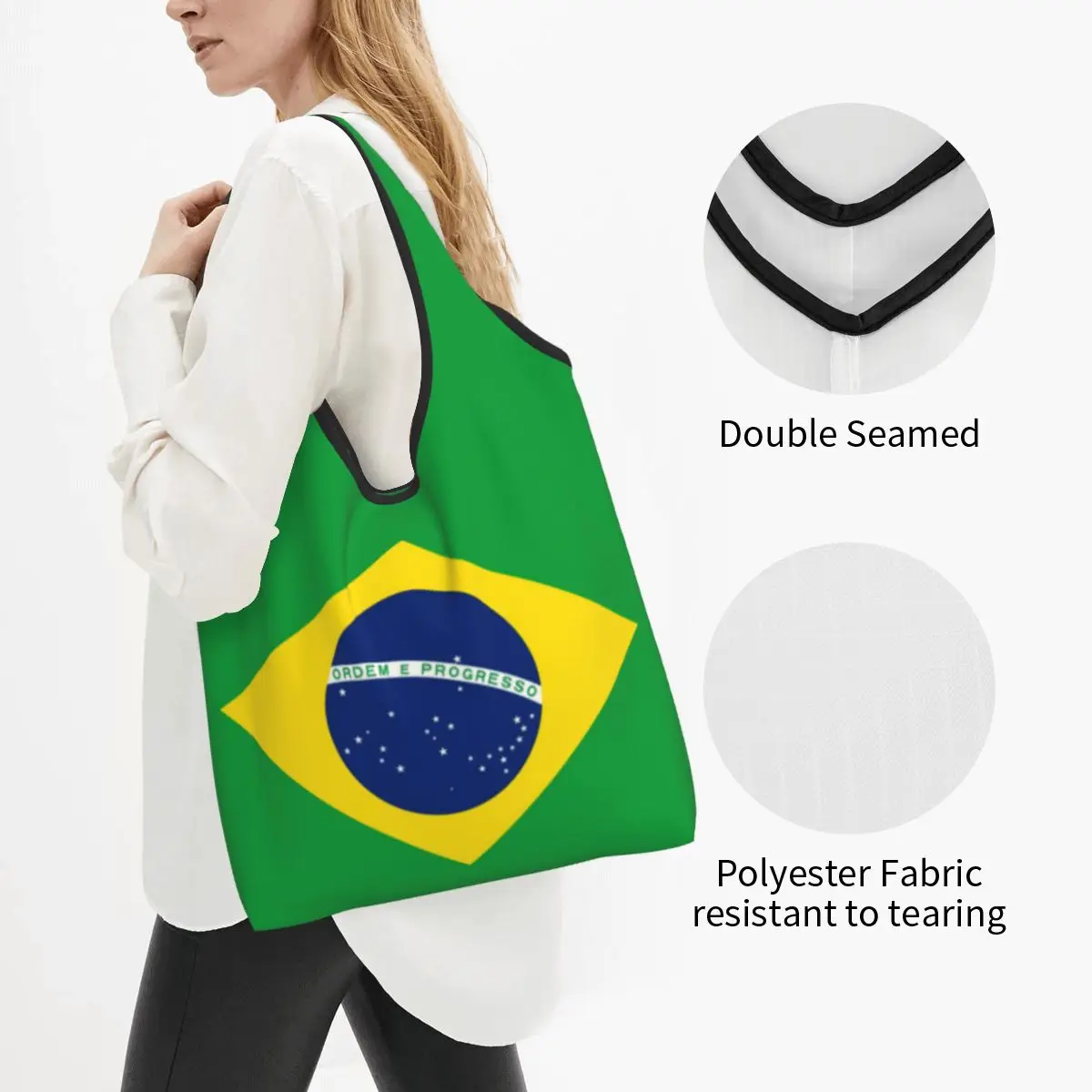 Custom Brazil Flag Groceries Shopping Bag Cute Shopper Tote Shoulder Bag Big Capacity Portable Handbag