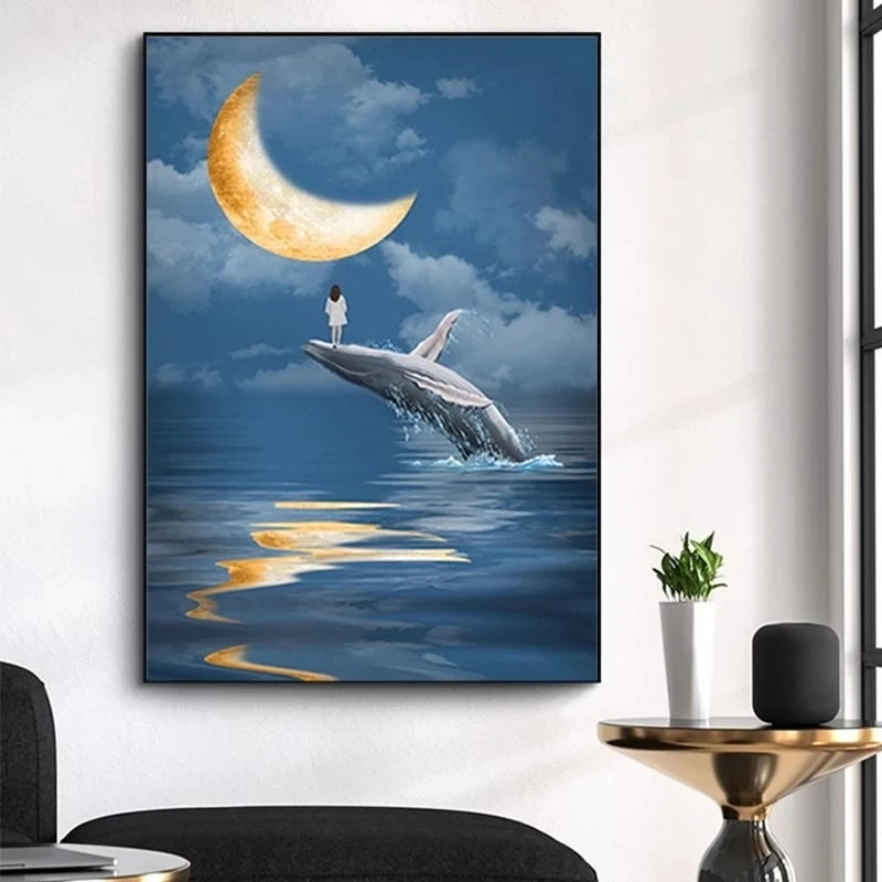 Abstract Girl with Whale Canvas Painting Moon Wall Art Poster and Print Picture for Child's Bedroom Home Wall Decoration Cuadros