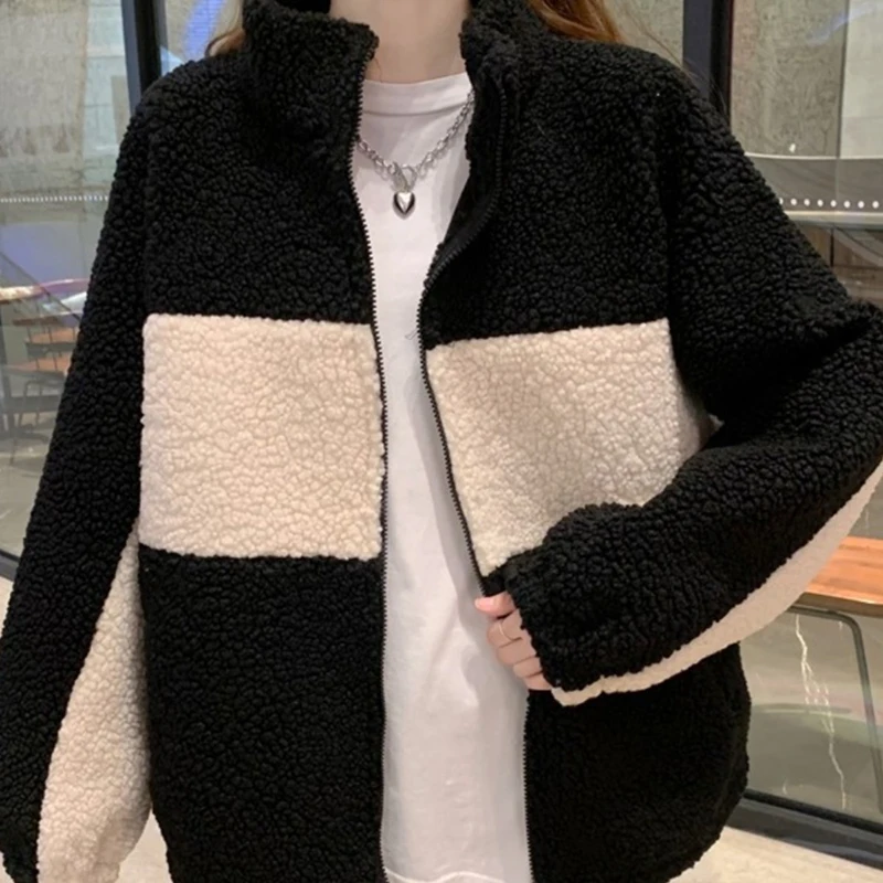 

Женские повседневные пальто из овечьей шерсти, осенне-зимняя модная куртка свободного покроя с воротником-стойкой, универсальная верхняя одежда для студентов