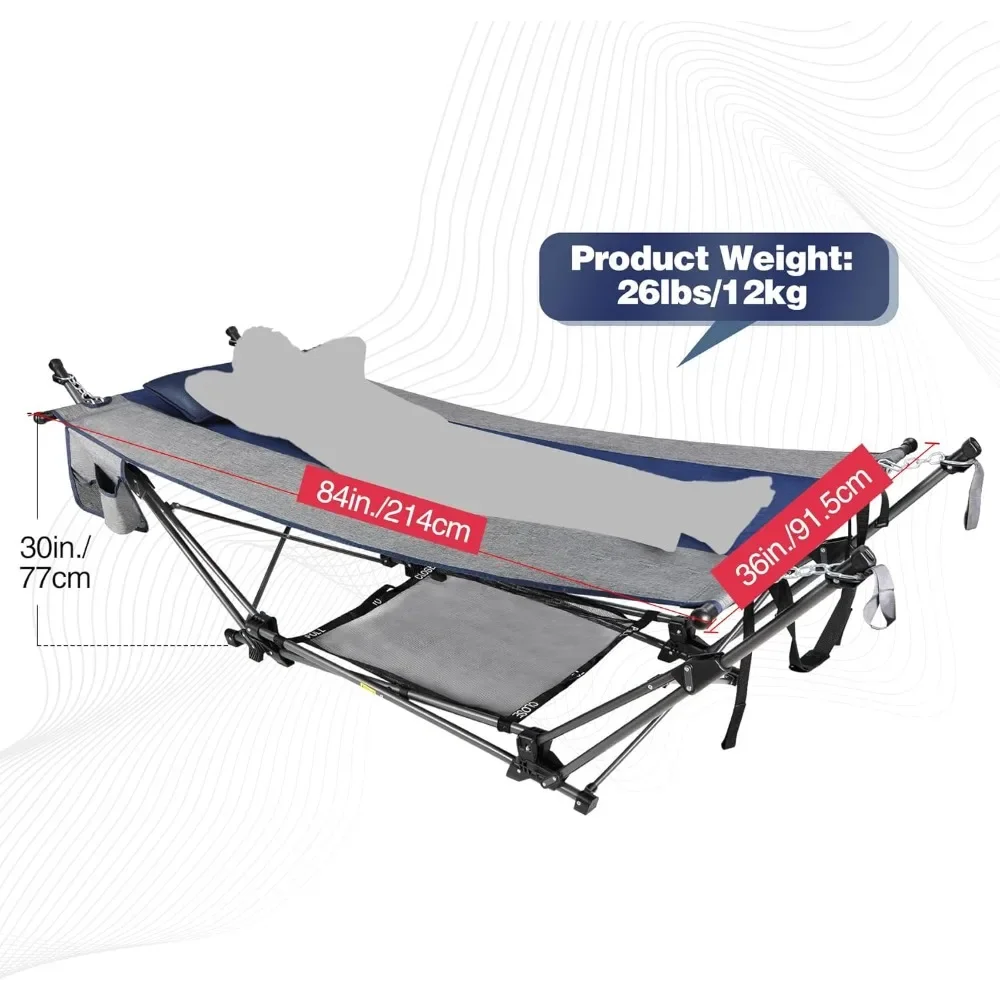 Portable Hammock with Stand, Collapsible Foldable Hammock Includes Removable Pillow, Storage Net, Side Pocket with Cup Holder