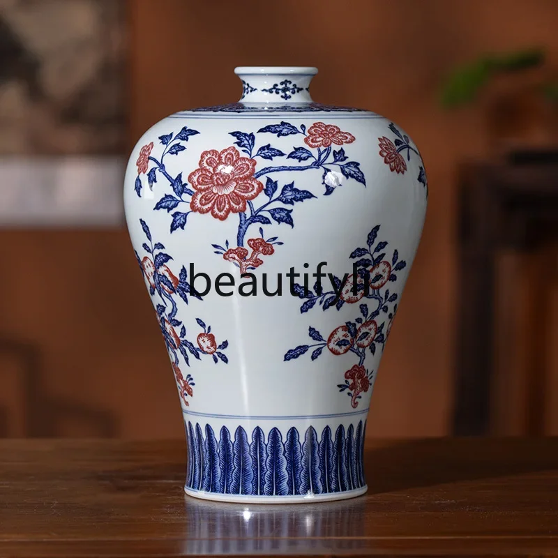 Jingdezhen ceramic vase ware blue and white porcelain underglaze red classic replica antique new Chinese plum vase ornament