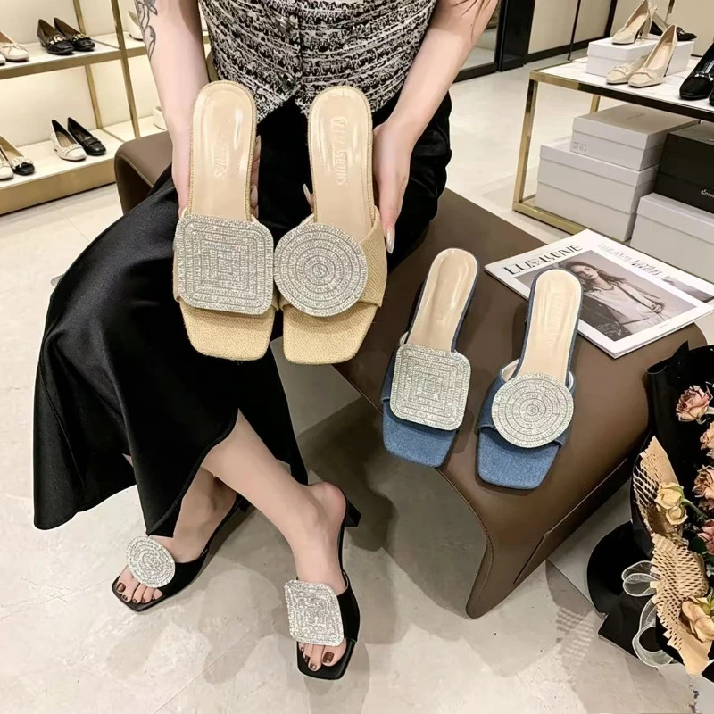 

New Summer Round Rhinestone Linen Woven Sandals for Women's Shoes Block Heels shoes for women
