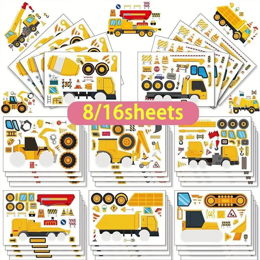 8/16pcs Construction Vehicle Puzzle Stickers Excavator Crane Mixer Truck Stickers DIY Dress Up Stickers,Gift Bag Fillers