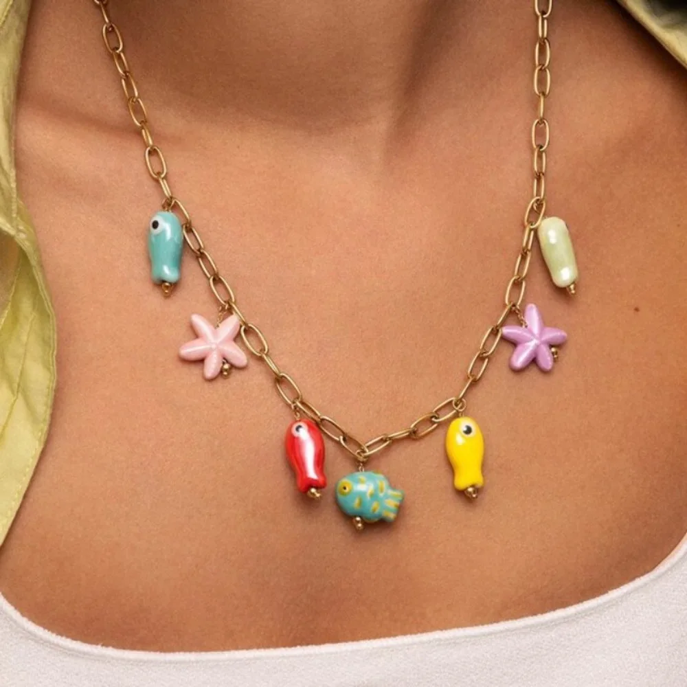 

Trendy Ocean Style DIY Mini Fish Necklace Bohemia Colorful Fish Pendant Jewelry Handmade Starfish Chain Choker Sea Beach
