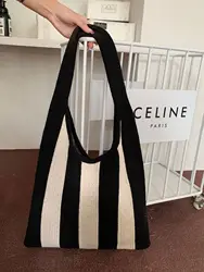 New Wide Stripe Knitted Handbag Female Large Capacity Totes Japanese Women'S Pack Summer Beach Bag Hollow Woven Shoulder Bags