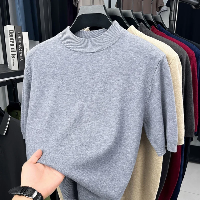 Mens Solid Mock Neck Knit T Shirts Summer Casual Breathable Moisture Wicking Tops for Men Daily Office Wear
