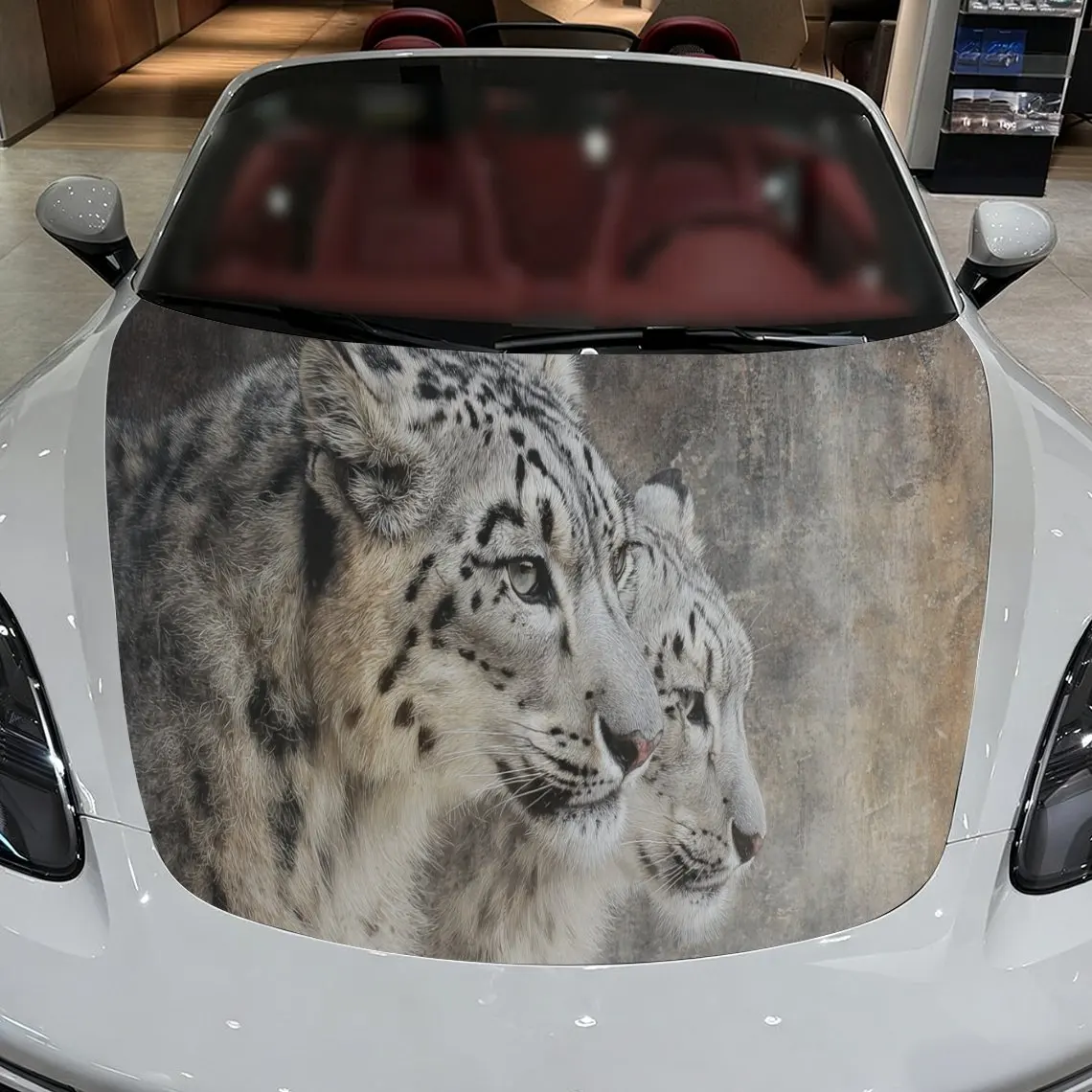 

Car Decals A Snow Leopard Pair Design with Natural Textured Background & Artistic, Lifelike Visual Details Car Hood Sticker, Wat