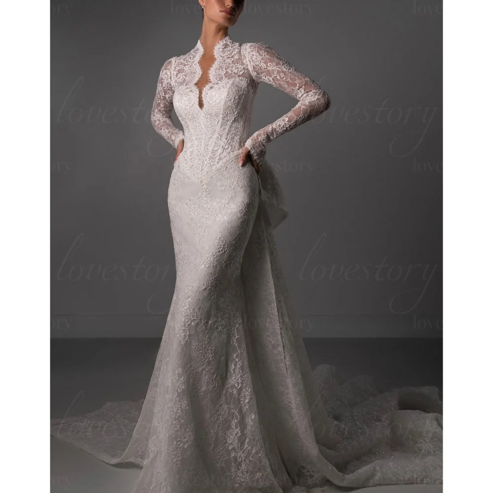 Maßgeschneiderte Meerjungfrauen-Brautkleider, klassische Spitzen-Brautkleider, exquisite Langarm-Brautkleider mit Schleife, Brautroben, Hochzeitskleid