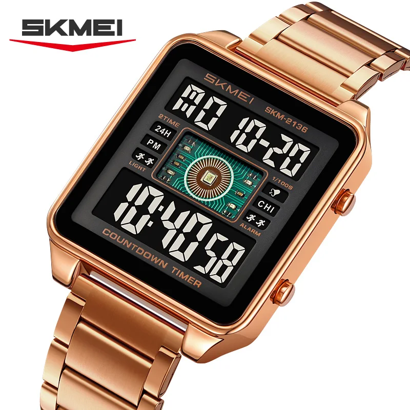 

SKMEI 2136, наручные часы с секундомером, модные электронные часы с подсветкой, стильные мужские цифровые часы из нержавеющей стали с обратным отсчетом
