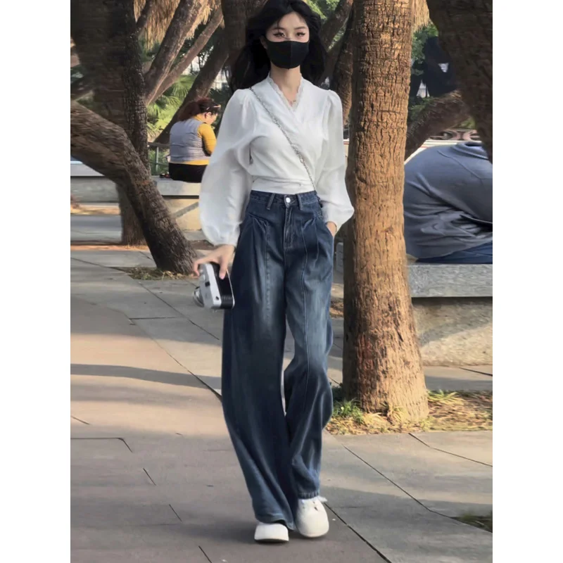 여성용 하이웨이스트 와이드 레그 진 미국 레트로 2025 신상 트렌디 플러스 사이즈 루즈 슬림 캐주얼 스트레이트 플레어 팬츠