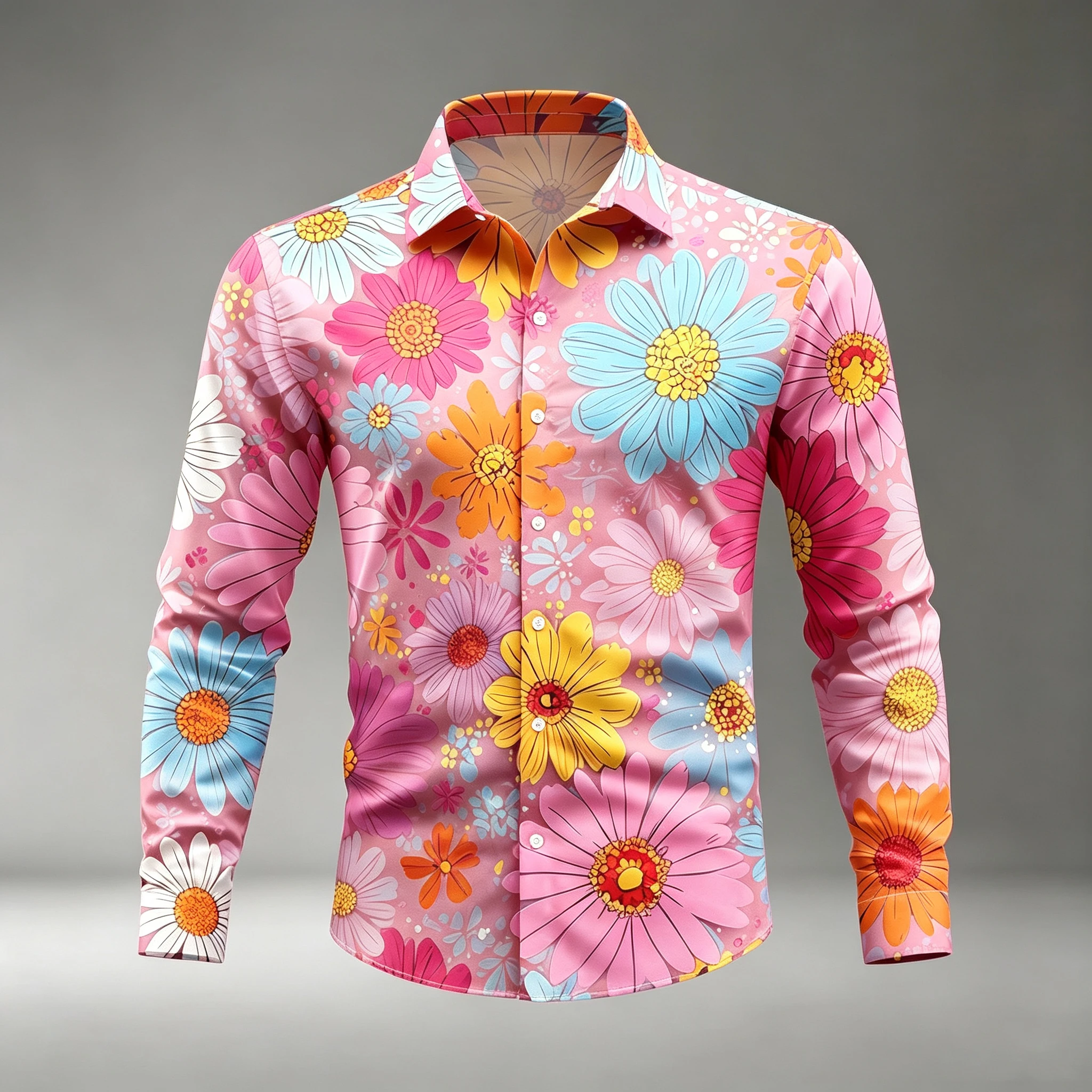 Men Long Sleeve Turn-down Collar Button-Up Shirt Colorful Daisy Floral Print Casual Party Outfit For Male