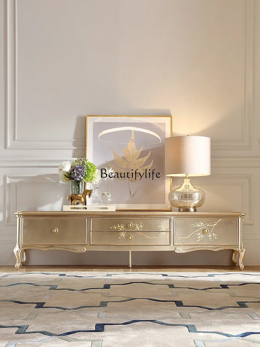 

23French Entry Lux Solid Wood Painted Silver Foil Painting TV Cabinet European Court Storage LockerL