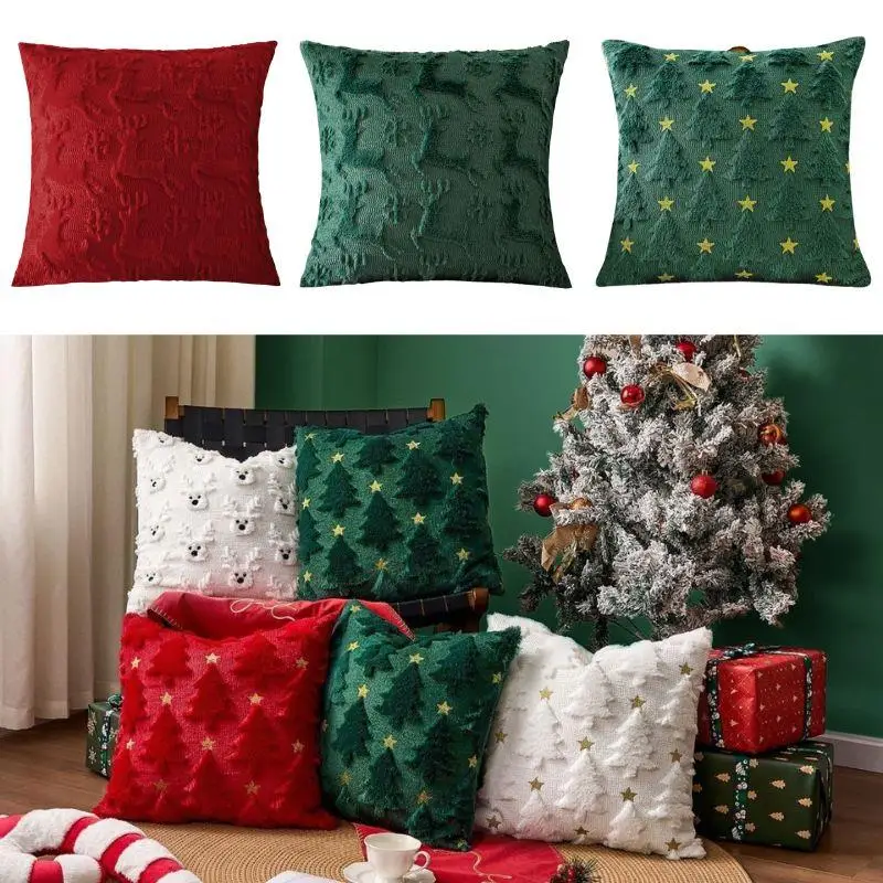 1pc árvore de natal quadrado lance fronhas floco de neve peludo fronhas de pelúcia bordado sofá capa de almofada decoração para casa 45*45