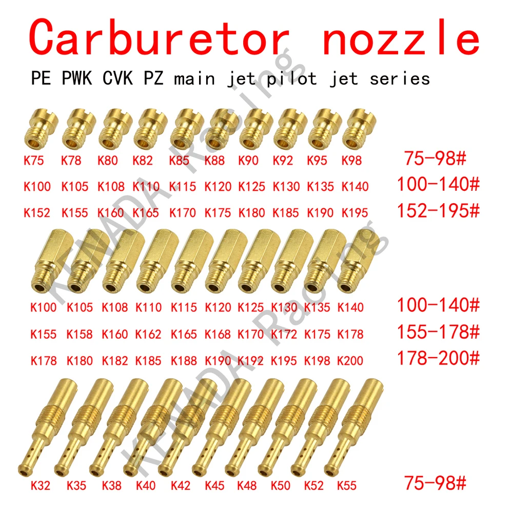 Boquilla de carburador de 10/20 piezas, chorros principales y piloto lento para KEIHIN, OKO, KOSO, CVK, PE, PWK, Kit de chorro de latón, 10 piezas