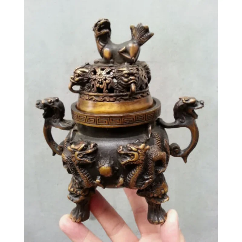 

Pure Bronze Old Classical Logo Lucky Dragon Antique Statue Incense Burner