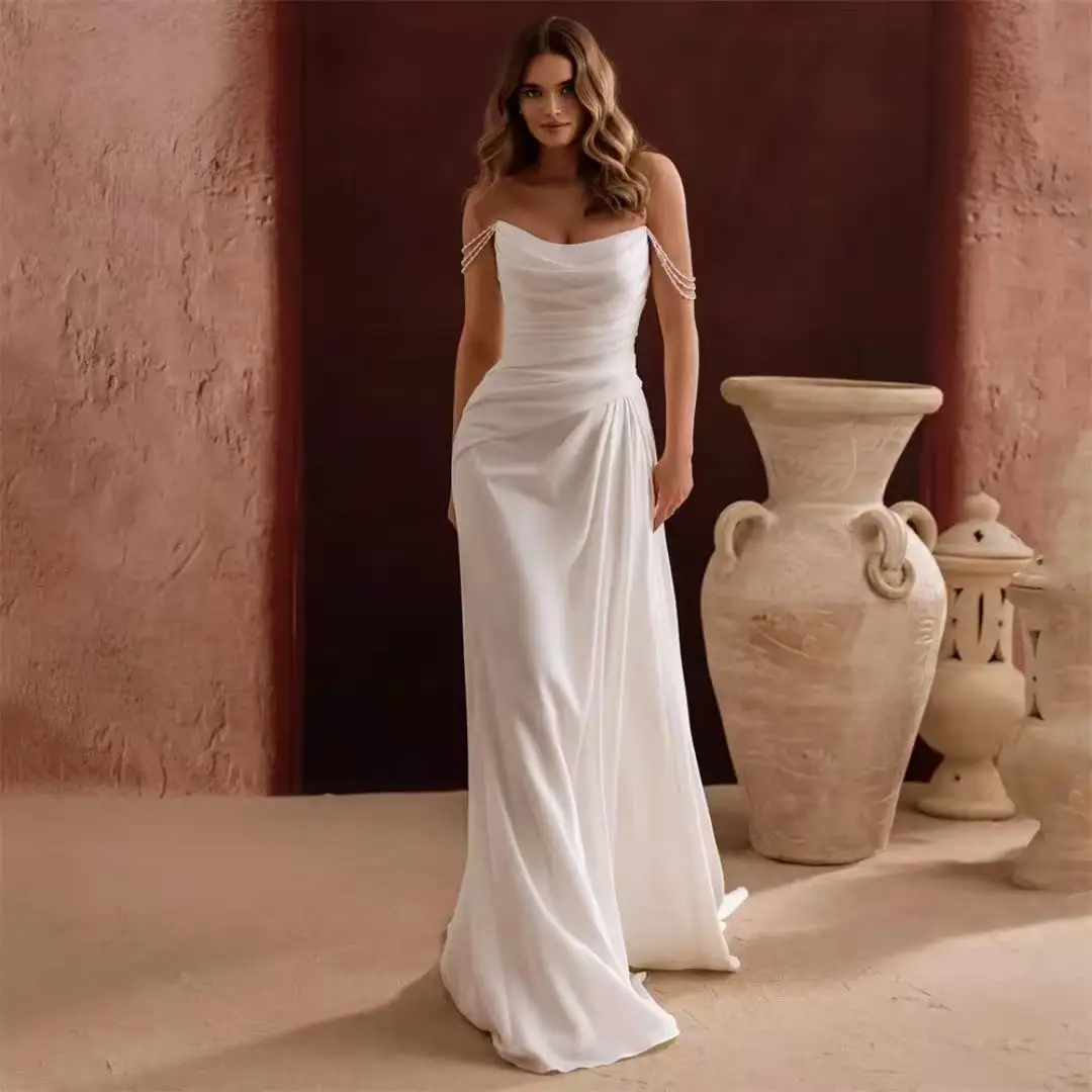 

Pleat Mermaid Wedding Dress 2025 Boat-Neck Beading Open Back Off The Shoulder Bridal Gown Vestidos De Novia Customized