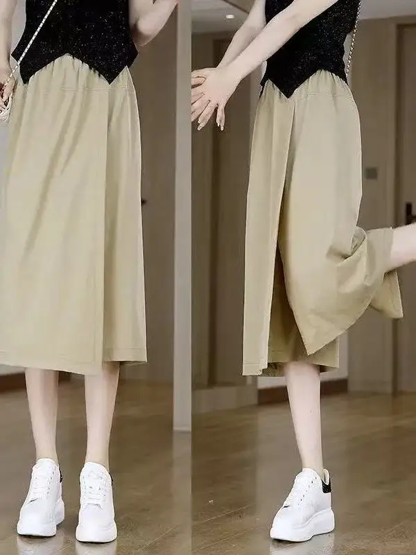 New Chinese Sle Wide Leg Pants Women's Small Size Summer Thin ular Skirt Pants High Waist Loose Casual Seven-Five Middle...