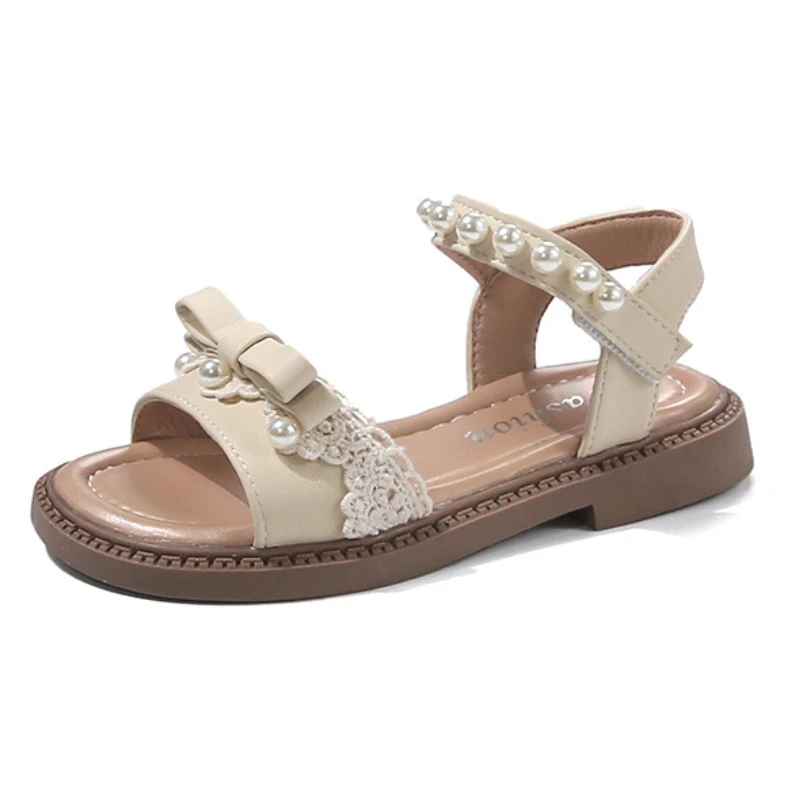 子供サンダル-2025-夏の新ファッション弓パール女の子プリンセスサンダルソフト底ベビーキッズカジュアルビーチシューズ