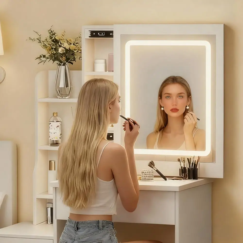 Dressing Table with Sliding Mirror and Lights, Bedroom Vanity Desk, Makeup Table with Drawers & Shelves, Sliding Door Storage