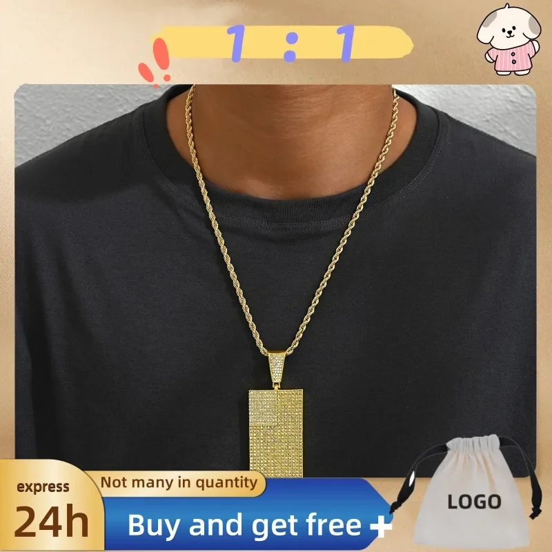 

Cross Border Hot Selling American Hip-hop Men's Necklace with Personalized Square Pendant and Diamond Setting