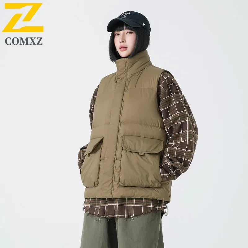 

COMXZ 2025 Men Winter New White Duck Down Vest Warm Stand Collar Loose Fit All-Match Fashion Down Body Warmer outdoor Waistcoat