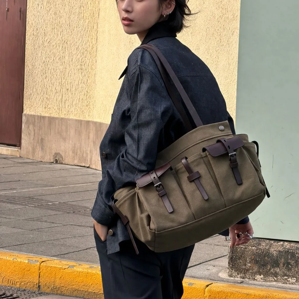 Canvas Tote Bags Multiple Pockets Leather Splicing Women Handbag Motorcycle Biker Versatile Luxury Designer Work Shoulder Bag