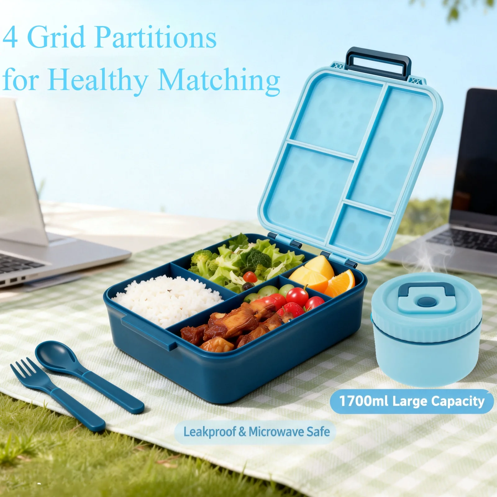 1700 ML Lunch Box Microwavable Bento Box Leakproof Storage Boxes with 300ml Soup Jar Food Container for Students Adults School