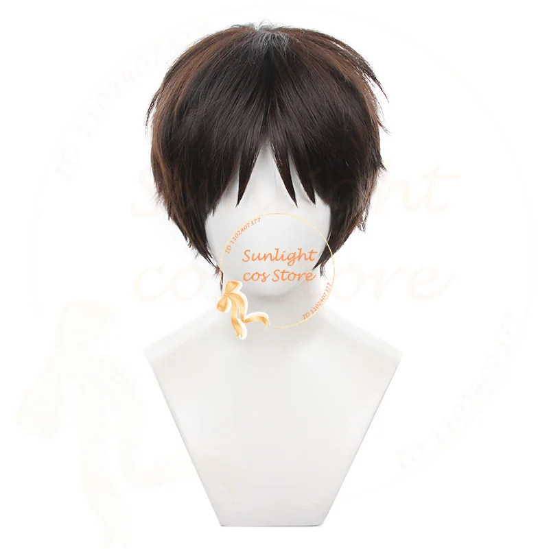 Peluca de Cosplay de Anime Eren Jaeger para hombres, pelo sintético resistente al calor, Marrón corto, fiesta de Halloween, gorro de peluca, 30cm