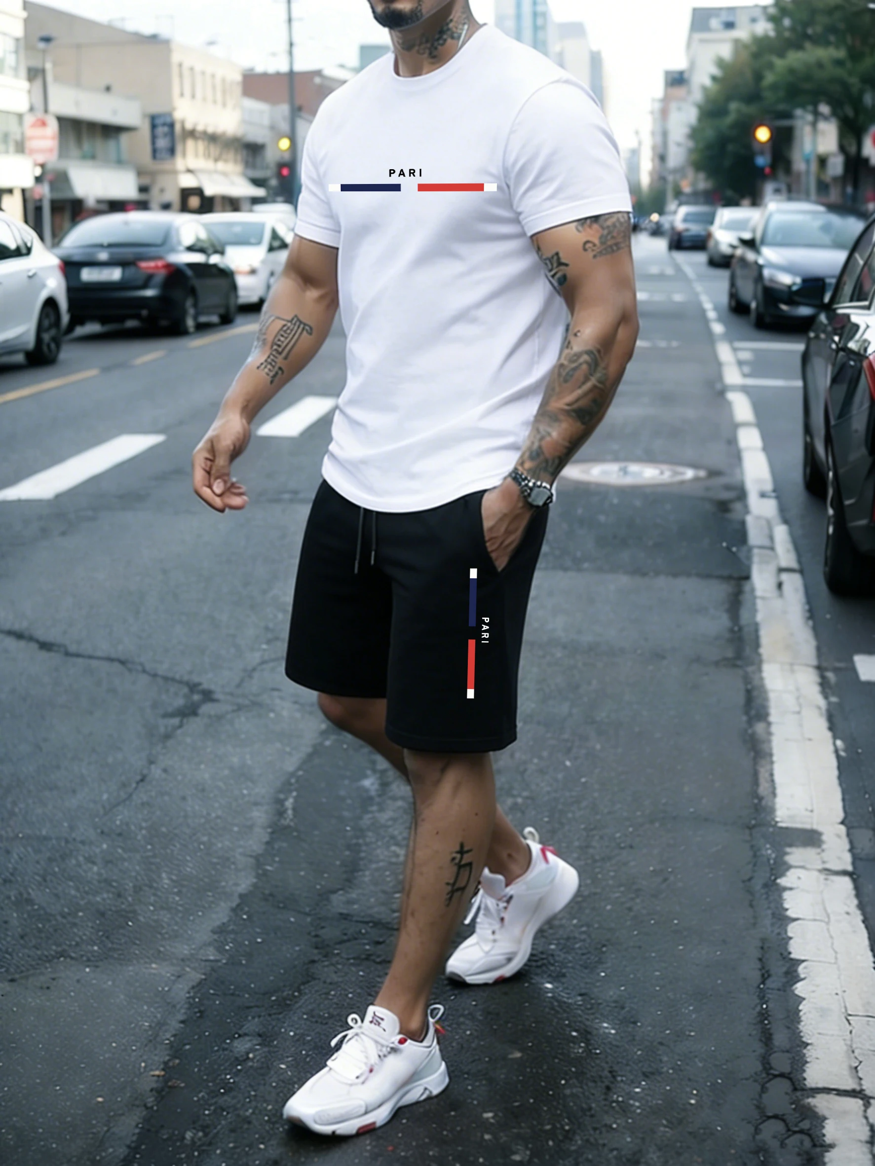 

Paris Letter Simple Print Cotton Summer Casual Sportswear Suit Men Breathable Stretch Short Pants Fashion Office Tee Shirts