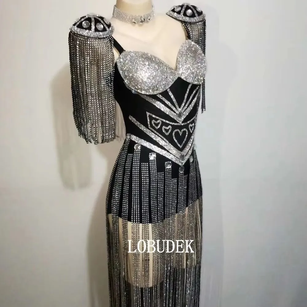 Damski czarno-biały kombinezon z frędzlami i dżetami, seksowny strój z chwostami na imprezę urodzinową, dla piosenkarki, zespołu tanecznego, kostium sceniczny.