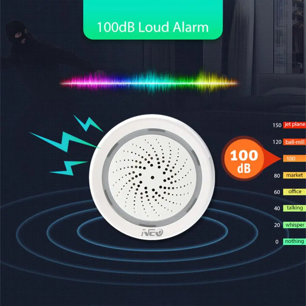 Tuya WiFi Smart Wireless Siren Alarm + Temperature 2 in 1 Sensor 100DB USB Power Via iOS Android APP Notification No HUB Require