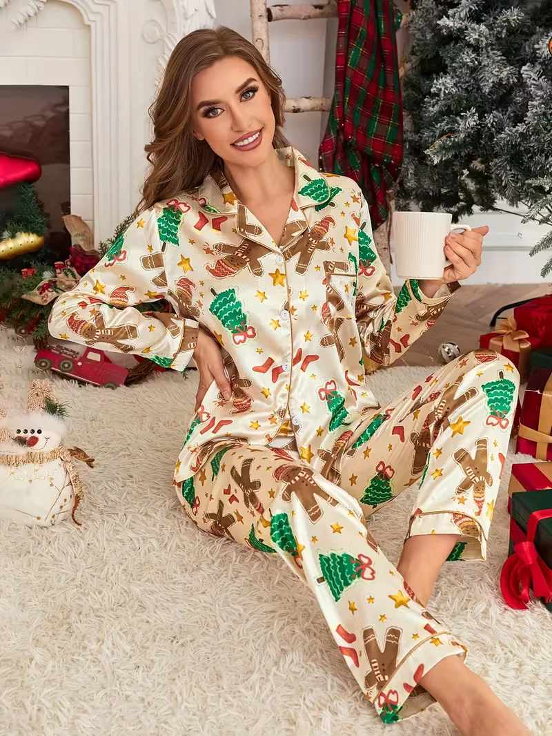 Snowman Print Satin Pajama Set Long-Sleeve Lapel Top And Pants Cute Pattern Soft And Smooth Touch Ideal For Christmas Outfits