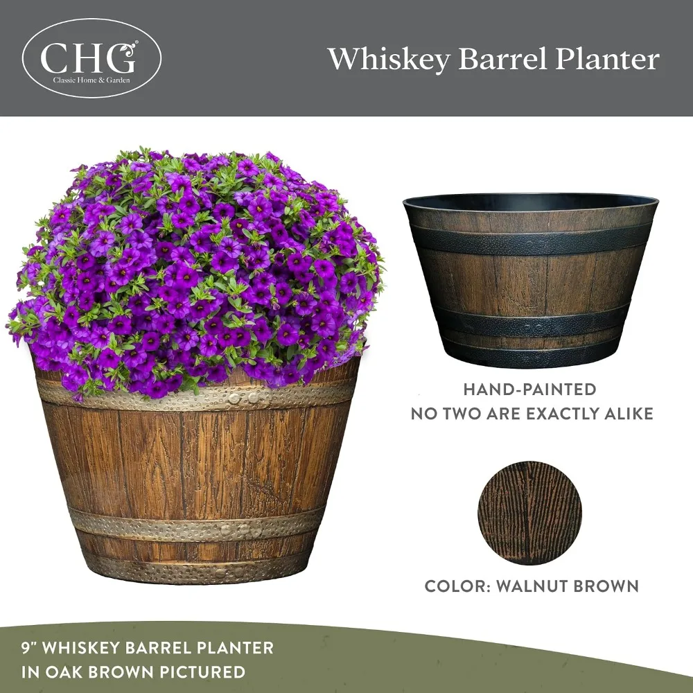 Whiskey Resin Flower Pot Barrel Planter 20.5 Inch Walnut Brown 2 Pack