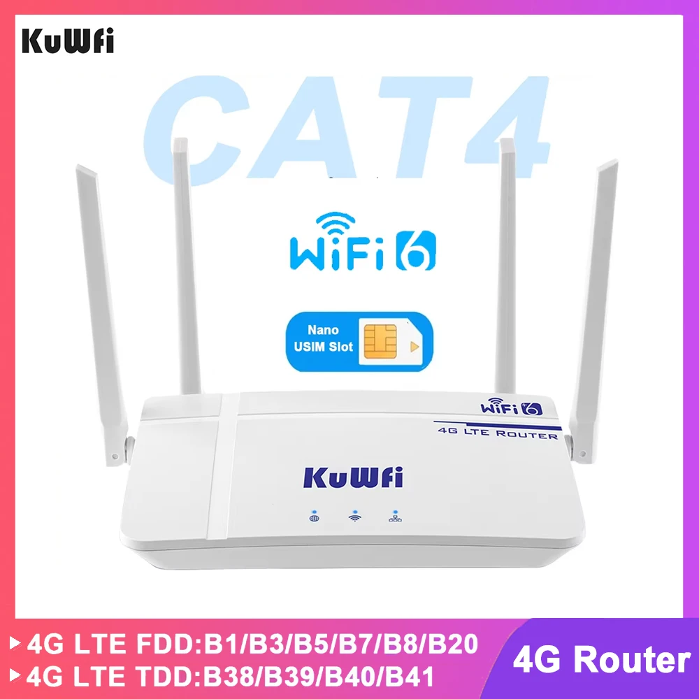 

KuWFi CAT4 4G LTE Router 300Mbps 2.4G WiFi6 Router Unlock 4G Modem with Ethernet Port External Antenna Support 10 Users for Home