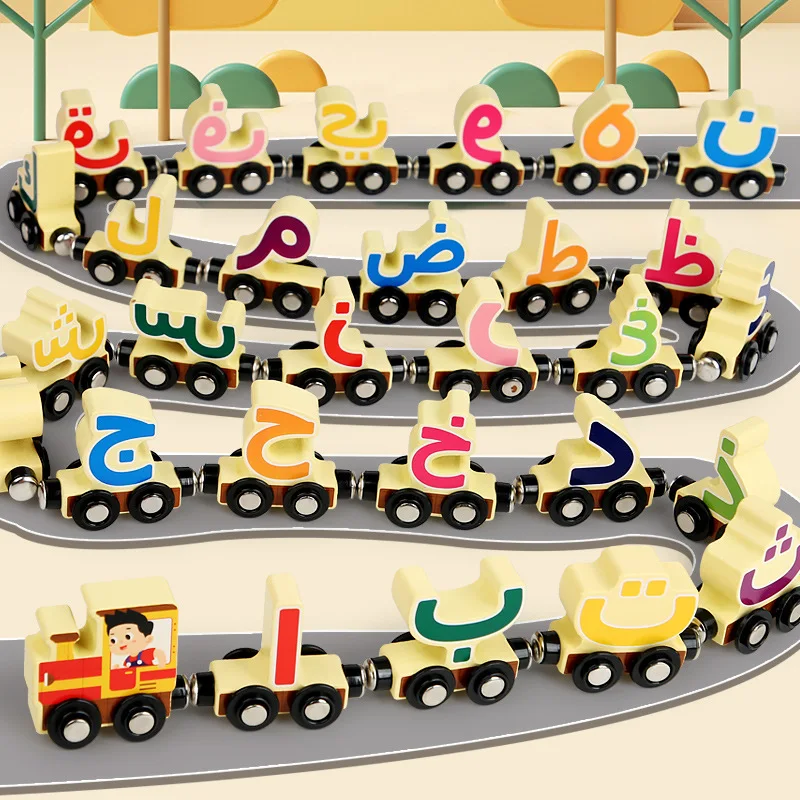 

Kids Language Learning Train Wood Toy Magnetic Arabic Letters Russian Magnets Track Toy Car Wooden Carriage Blocks Spelling Game
