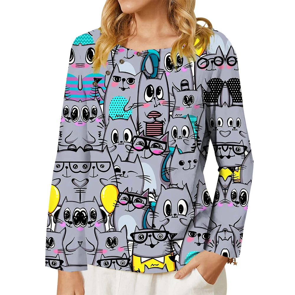 CLOOCL Shirts for Women Long Sleeve Blouses Lovely Cartoon Animals Pattern Printed Tee Loose Casual Spring Autumn T-shirt S-5XL