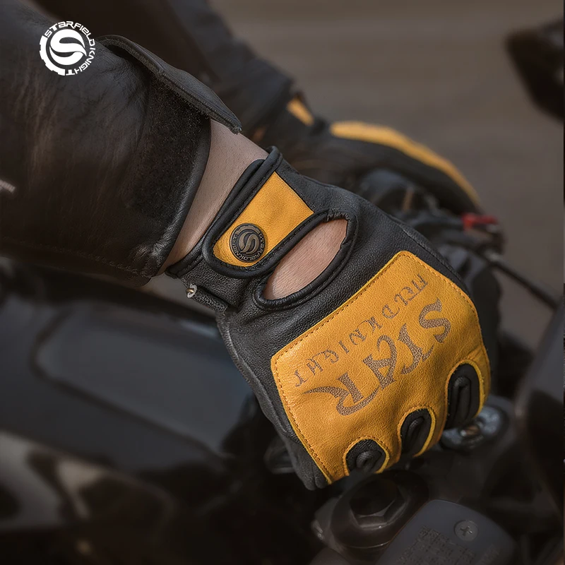 Star Field Knight Yellow Motorcycle Riding Gloves Retro Full Finger Summer Breathable Real Goat Leather Non-slip Wear-resistant