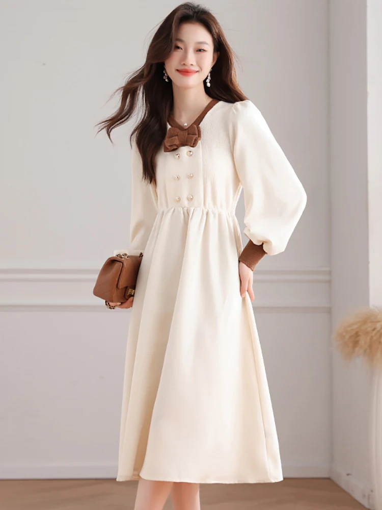 

Осень-зима белое платье миди с длинным рукавом и бантом с v-образным вырезом женское элегантное двубортное платье 2025 корейское модное повседневное вечернее платье