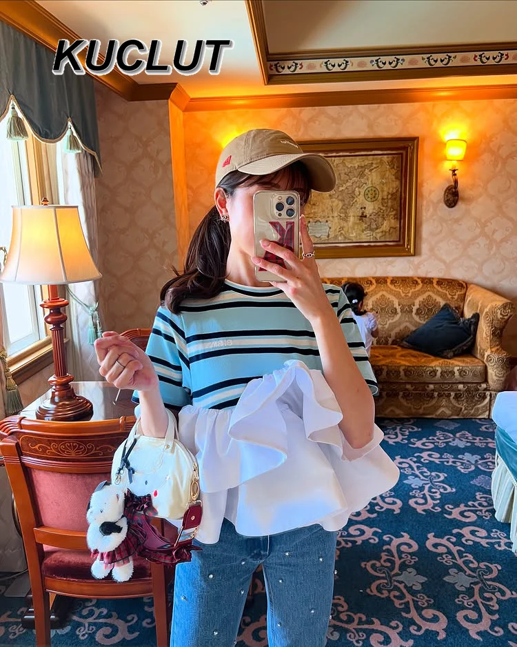 Contrasting Striped Tees Ruffle Edge Round Neck Tee Fashion Women's Short-sleeved T-shirts Summer Japanese Style Casual Top