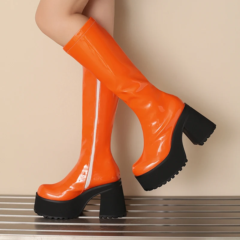 

Plus Size Sponge Cake Thick Sole Patent Leather Side Zipper Knee High Boots Lightweight and Height Increasing Boots 2026