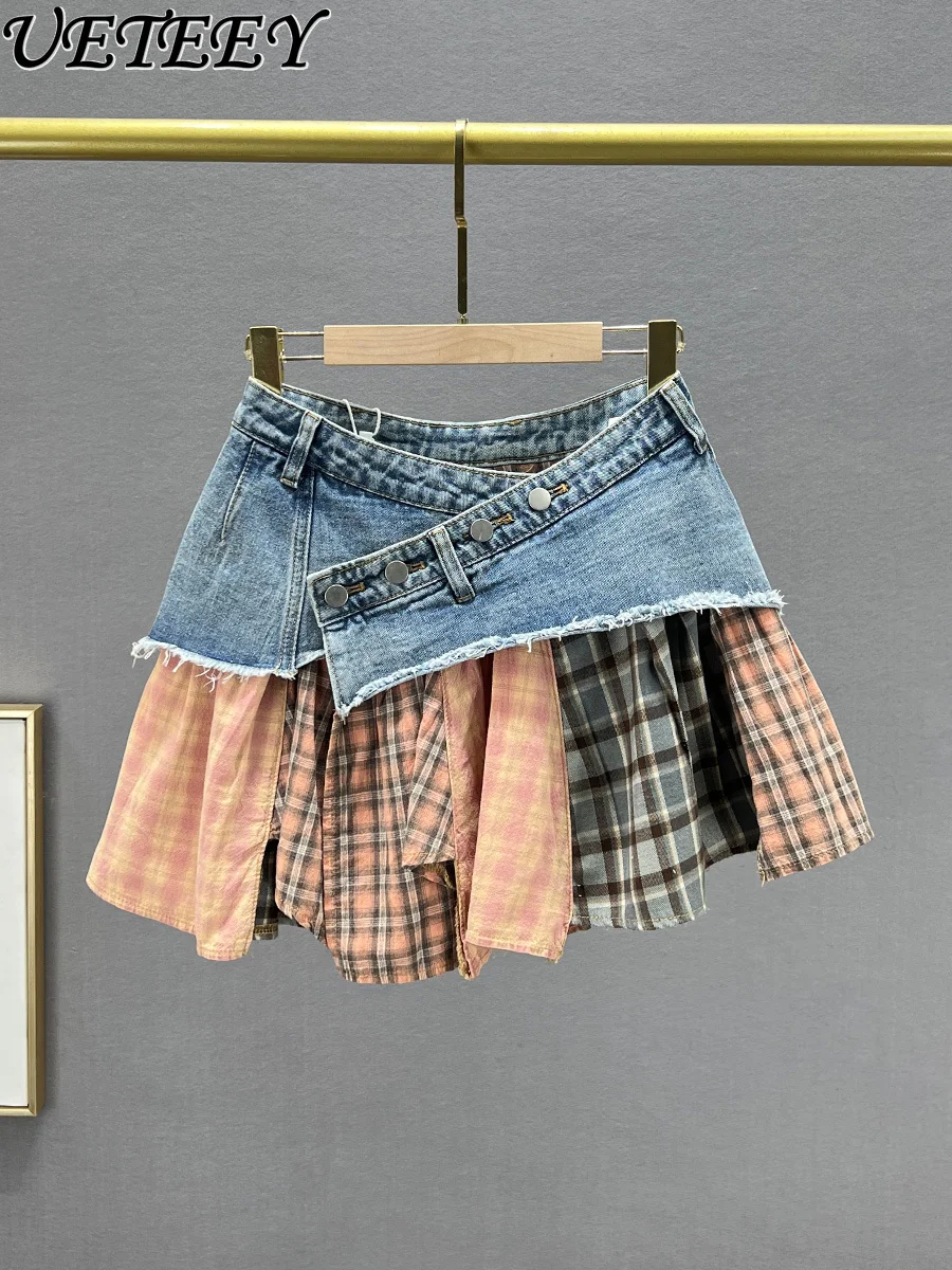 

Women's Patchwork Denim Short Skirt New Summer High Waist Slimming Retro Distressed Fake Two-Piece A- Line Mini Skirts