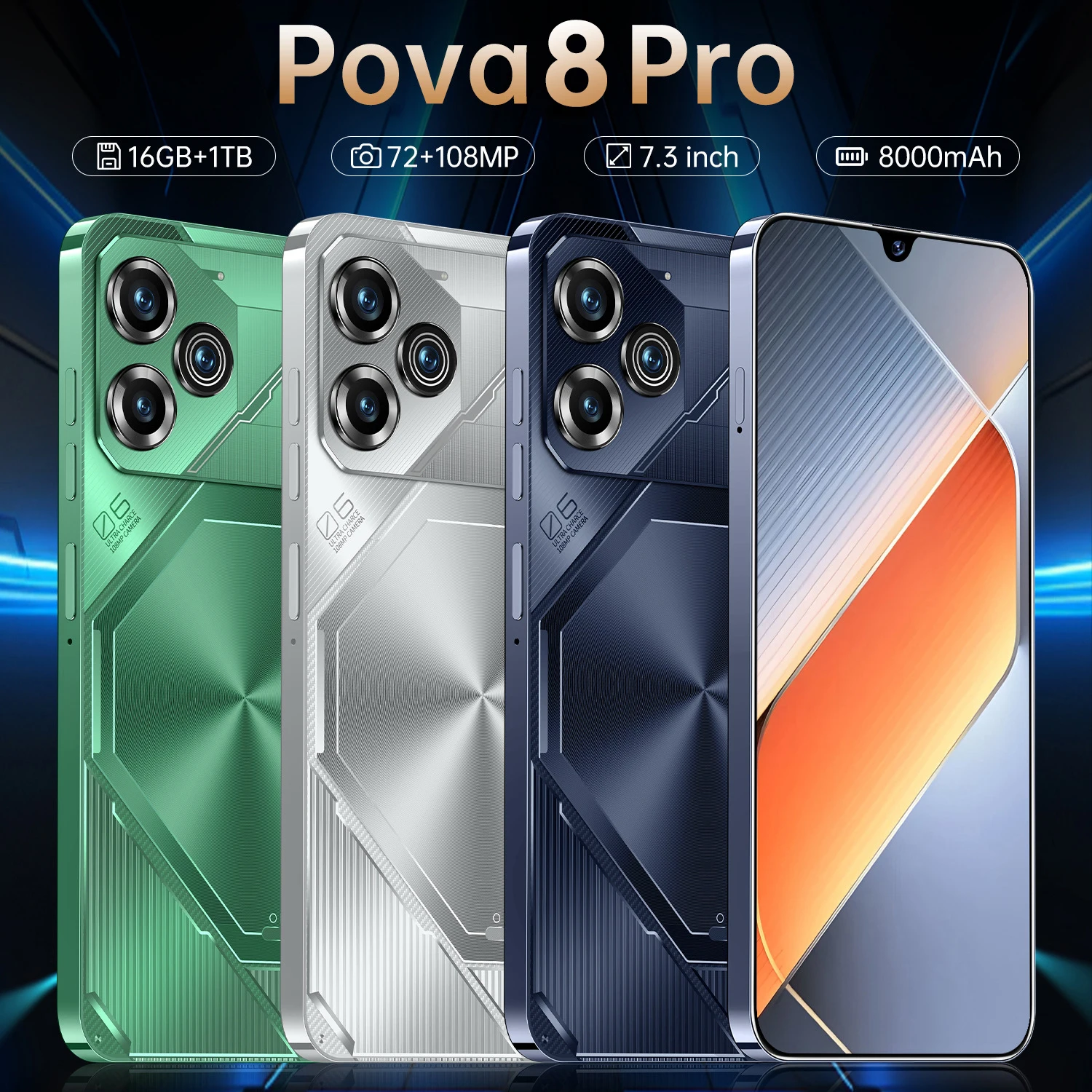 New Global version Pova 8 Pro Smartphone 16GB+1TB 7.3'' HD+ Android 13 Snapdeagon8 Gen2 8000mAh 5G dual SIM phone 72MP+108MP NFC