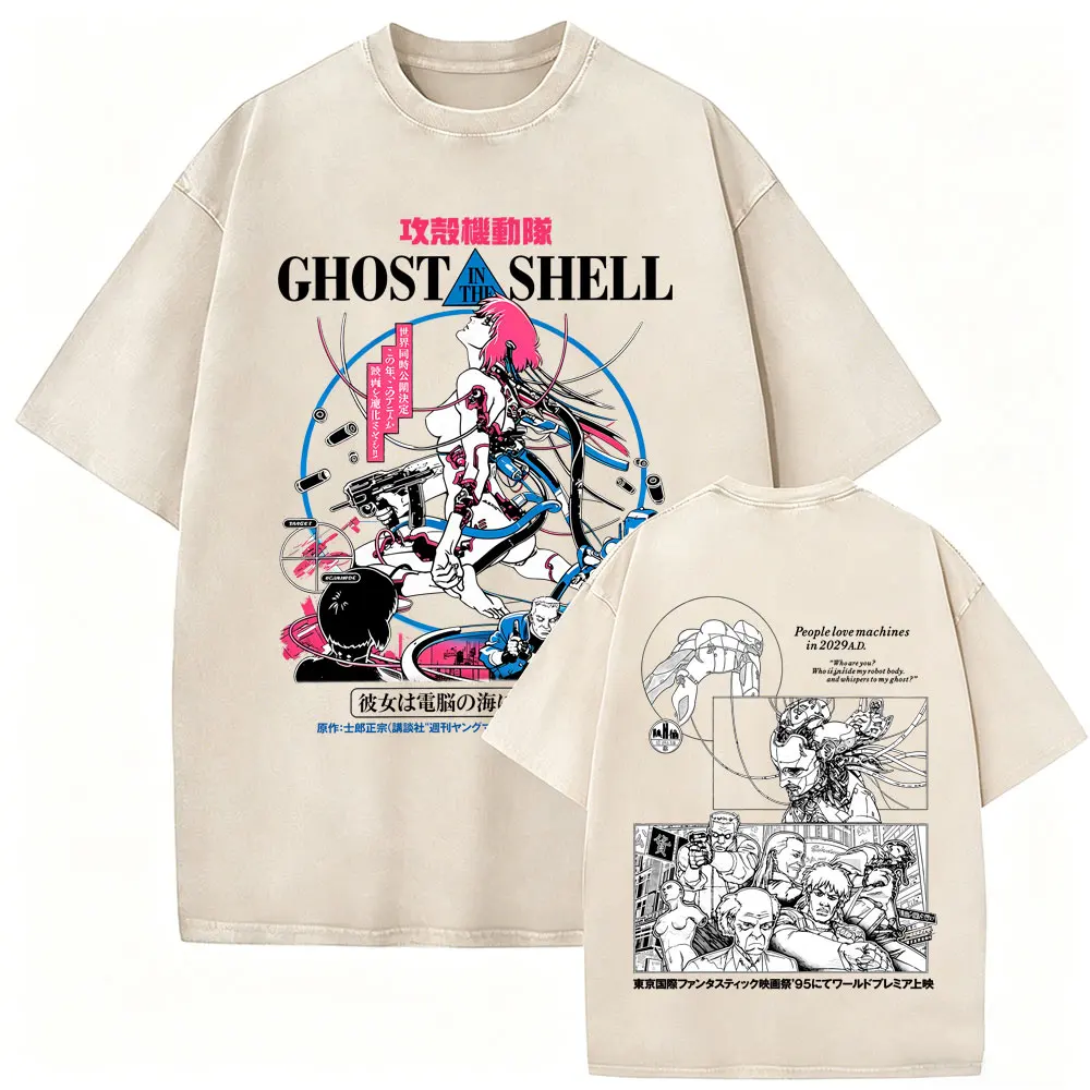 Gewaschenes Vintage Anime Ghost in The Shell T-Shirt Cartoon Motoko Kusanagi Grafik T-Shirts Herren Damen Manga Retro Oversized T-Shirt – Detail 3