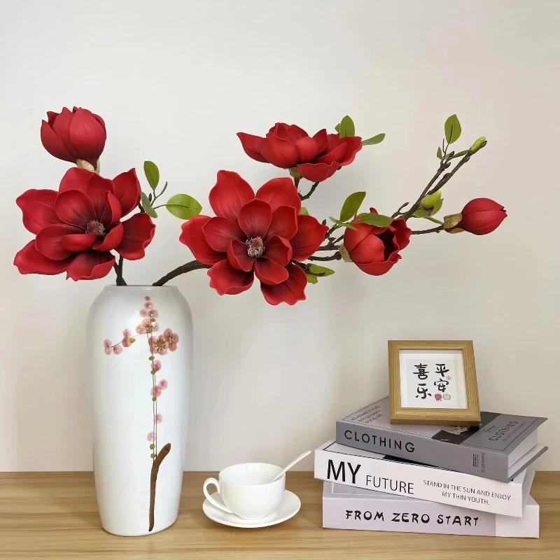 Artificial Magnolia Six Head 110cm EVA Material Real Touch Simulation Magnolia Wedding Home Balcony Decoration Fake Flowers