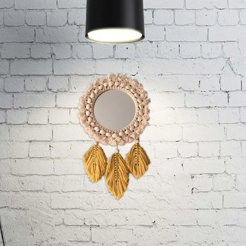 Nordic Woven Tassel Hanging Wall Mirror, Boho Feather, Folha Pingente, Macramé Decoração, GU116