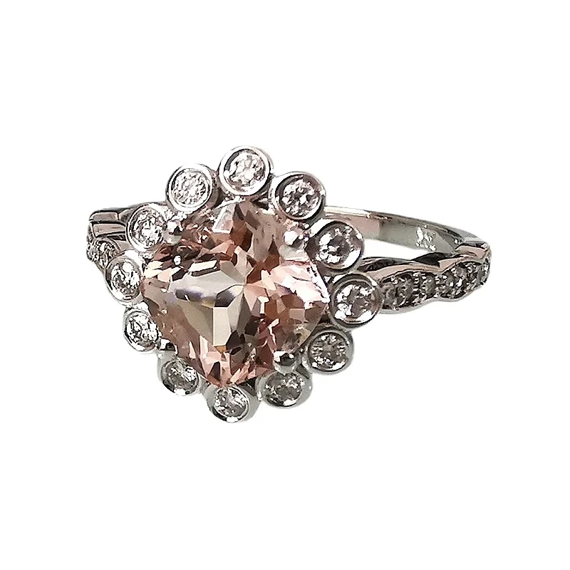 

Solid 10k White Gold Women Engagement Wedding Ring 1.06ct Cushion Natural Morganite & Diamonds Anniversary Ring