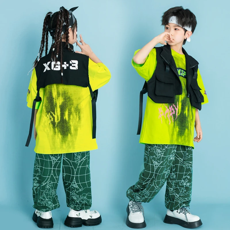 Kinder Ballsaal Hip Hop Kleidung schwarze Cargo Weste Top Print Jogger Hosen für Mädchen Jungen Jazz Tanz kostüme Teen Street Kleidung