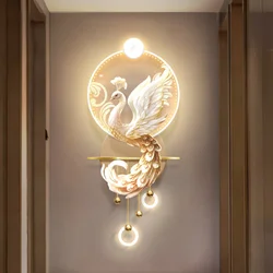 Cream Style Home Wall Decoration Pendant Living Room Decoration Peacock Statue LED Light Hanging Painting